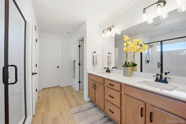 a spacious bathroom with a double vanity sink mirror and shower