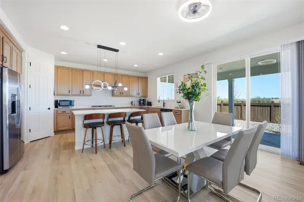 a view of a dining room with furniture and wooden floor
