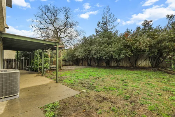a view of a yard with plants and wooden fence