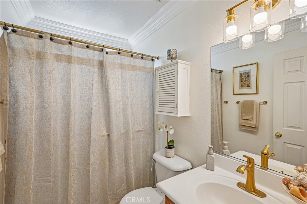 46101 Sharon Street Temecula, CA 92592 - Photo 16 of 34 a bathroom with a sink a toilet and shower curtain
