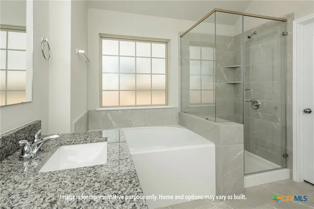 a bathroom with a granite countertop tub a sink and a shower