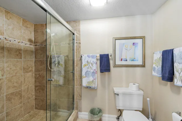 a bathroom with a shower and toilet