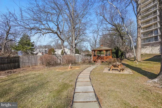 a view of a backyard with table and chairs and a fire pit