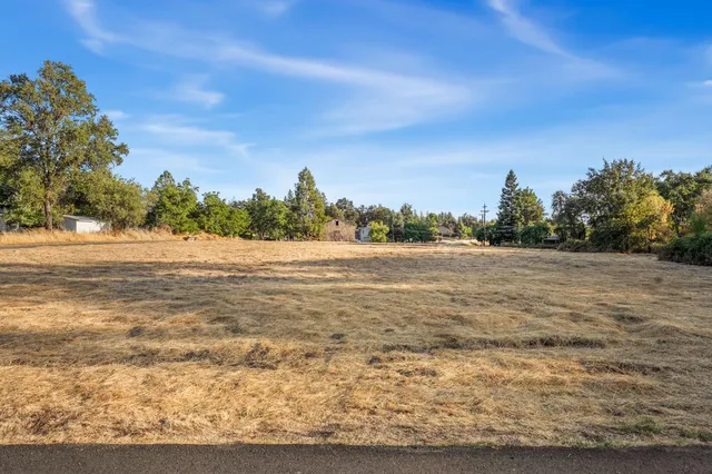 a view of a field with trees in background