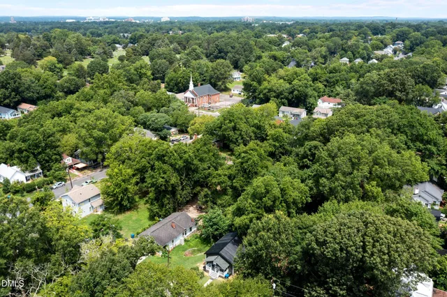 an aerial view of a forest with houses