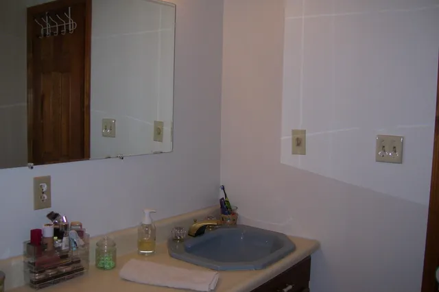 a bathroom with a sink and a mirror