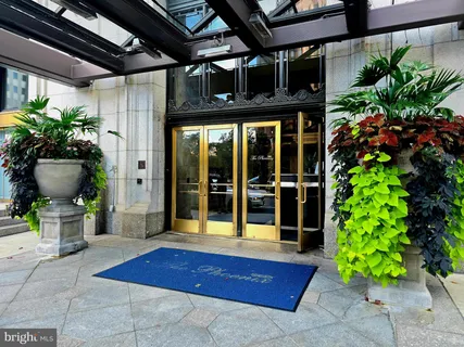 a view of a door with a building