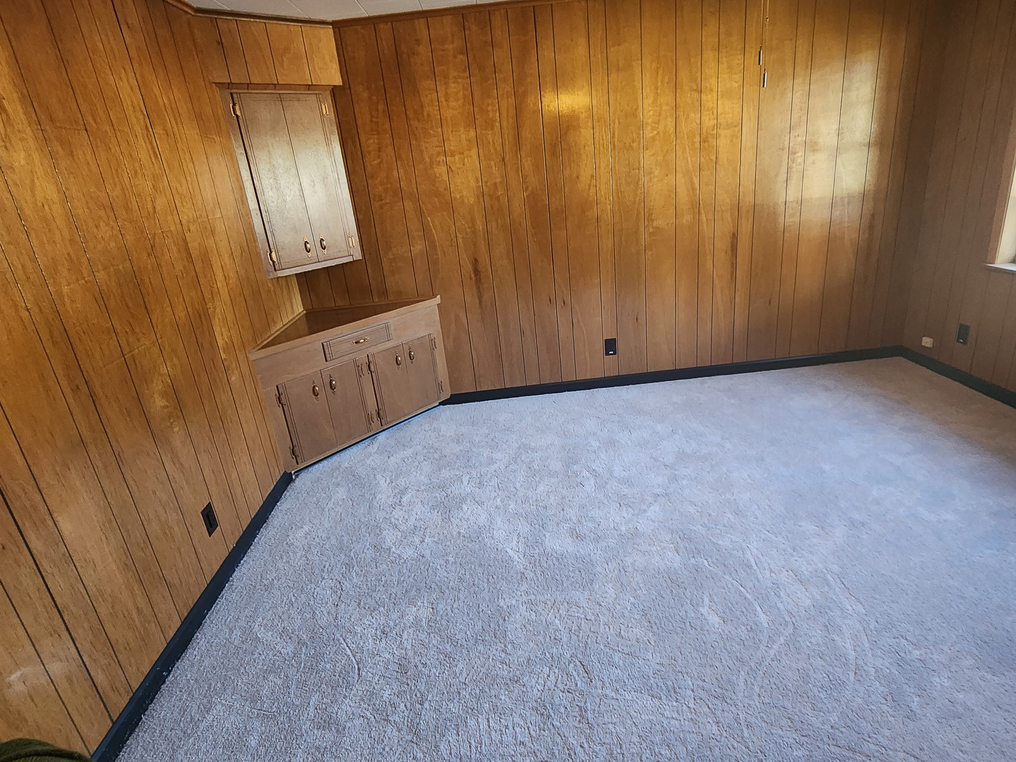 201 Verna Street Jasper, TX 75951 - Photo 14 of 24 This cozy secondary bedroom features charming wood-paneled walls, plush carpeting, and built-in storage, offering a warm and inviting retreat.