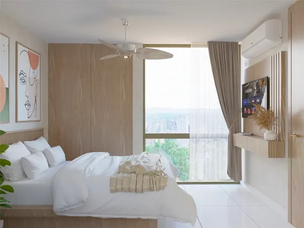 a bedroom with a bed dresser and a window