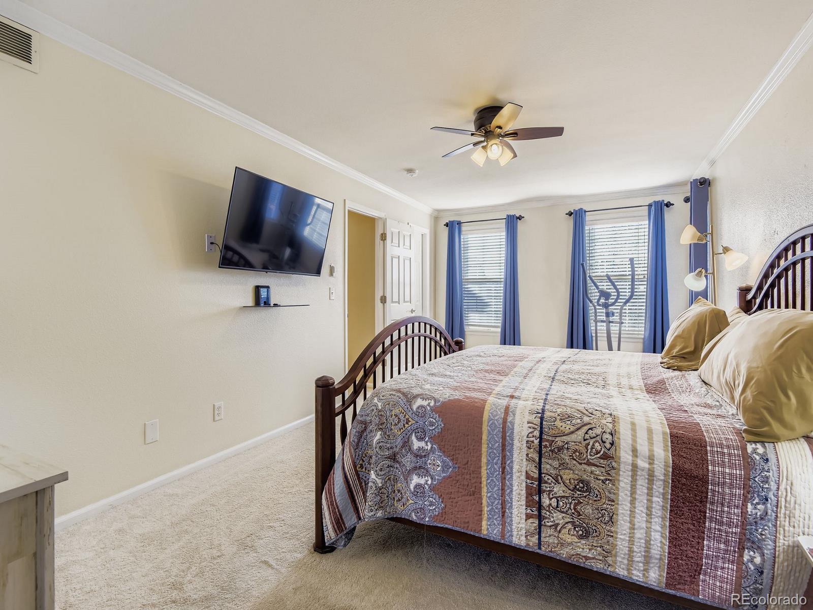 10036 Brisbane Lane Highlands Ranch, CO 80130 - Photo 15 of 27 a bedroom with a bed a window and a flat screen television