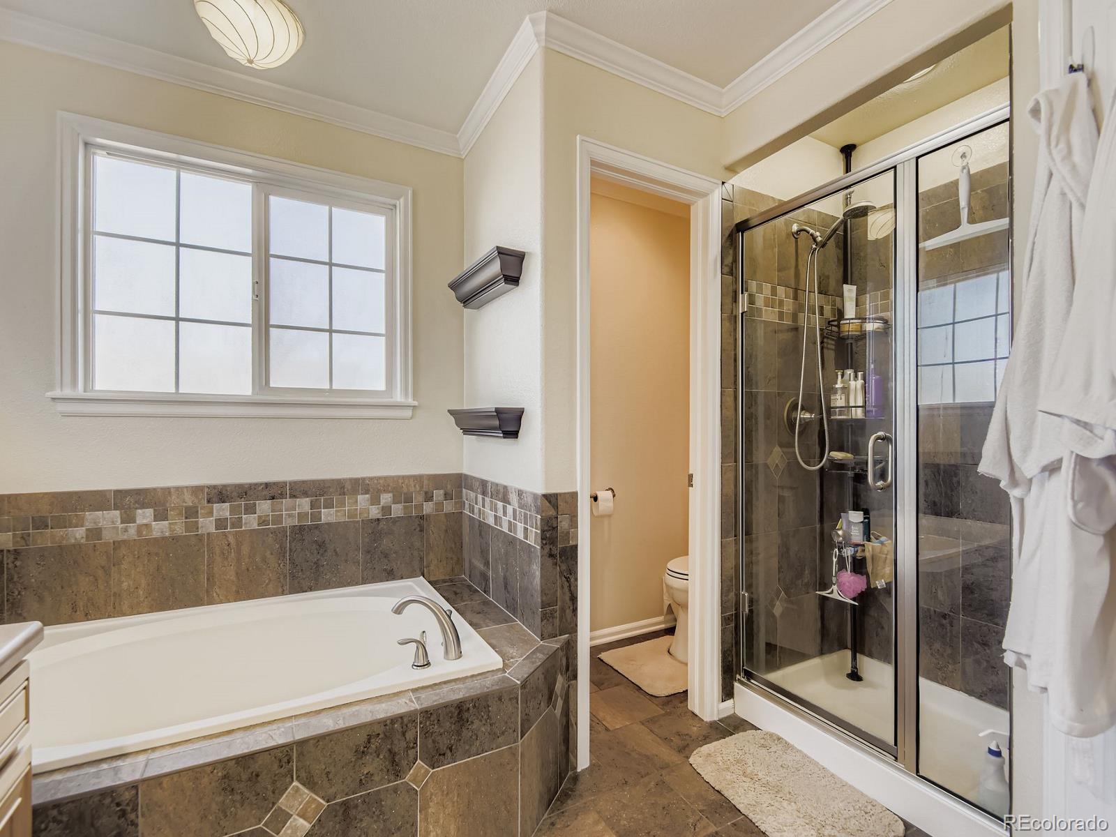 10036 Brisbane Lane Highlands Ranch, CO 80130 - Photo 18 of 27 a bathroom with a tub and a shower