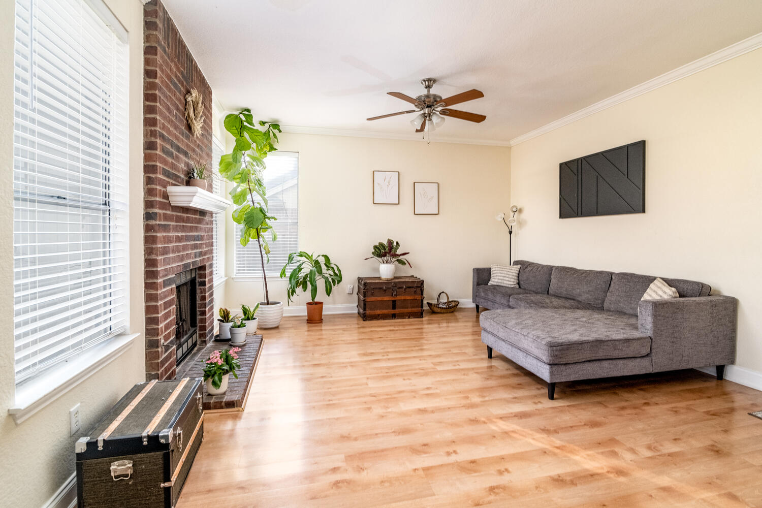 9301 Tea Rose Trail Austin, TX 78748 - Photo 12 of 36 Living area featuring a ceiling fan, ornamental molding, light wood finished floors, and a fireplace