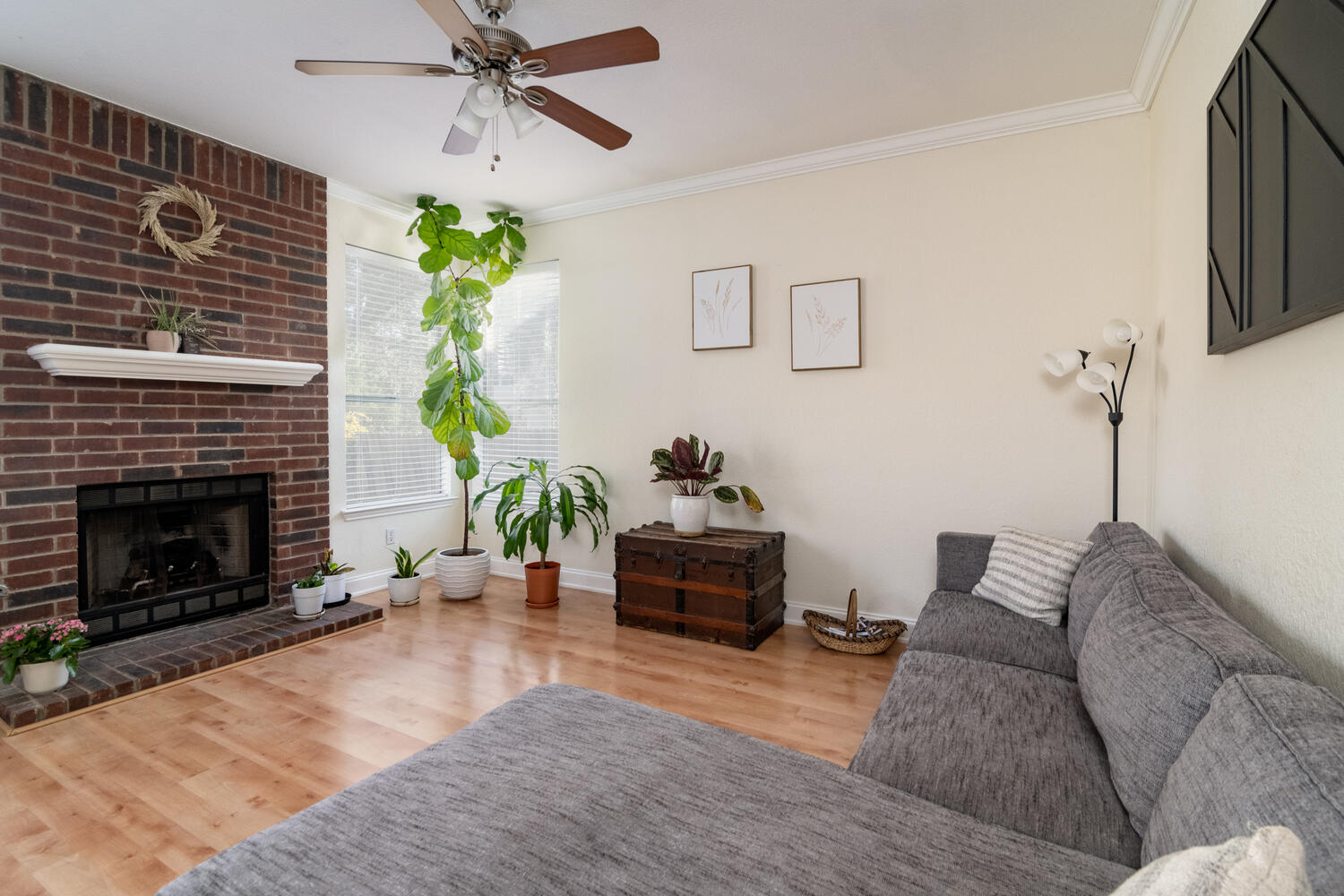 9301 Tea Rose Trail Austin, TX 78748 - Photo 13 of 36 Living room featuring ornamental molding, light wood finished floors, a ceiling fan, and a fireplace
