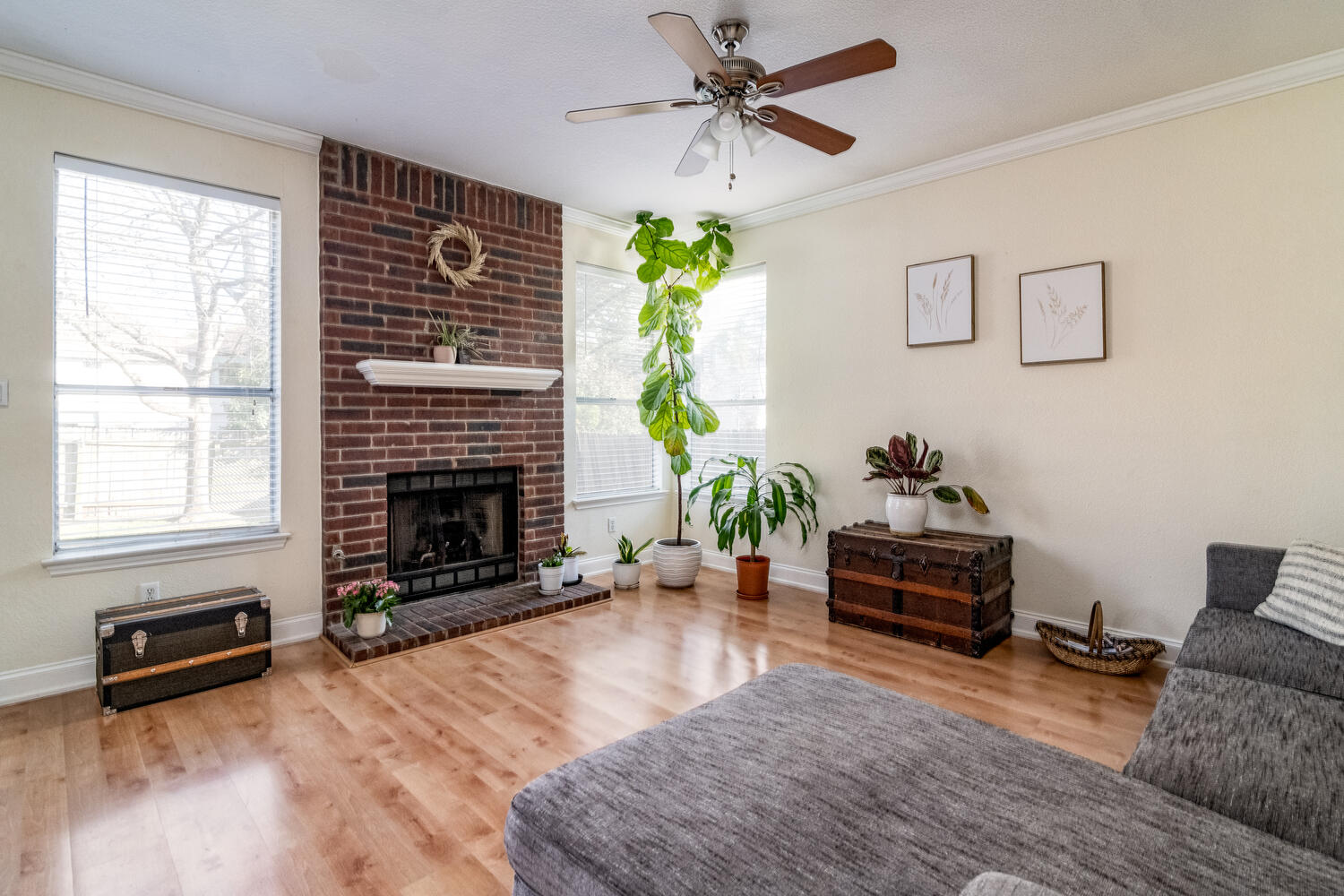 9301 Tea Rose Trail Austin, TX 78748 - Photo 14 of 36 Living room featuring ornamental molding, light wood-style flooring, a ceiling fan, and a fireplace