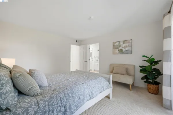a bedroom with a bed a couch and potted plant