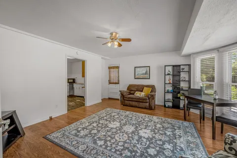 a living room with furniture rug and wooden floor
