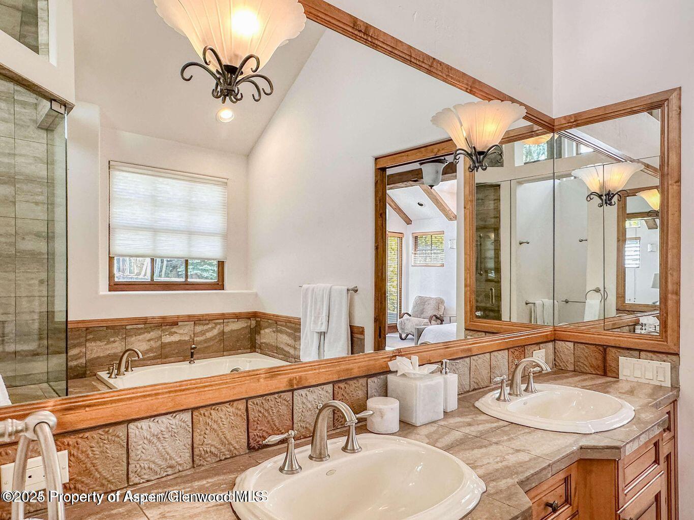 1540 Silver King Drive Aspen, CO 81611 - Photo 19 of 32 a bathroom with a granite countertop sink mirror and a bathtub