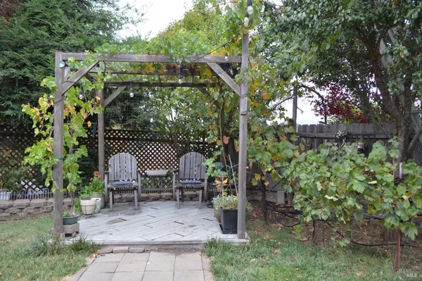 a view of a chair and table in the backyard