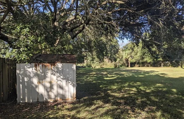 a view of a yard with large trees