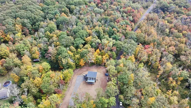 an aerial view of a house with a yard and garden view