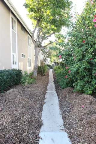 a view of a pathway with a house in the background