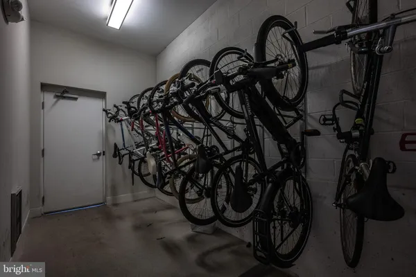 a view of a garage with a refrigerator