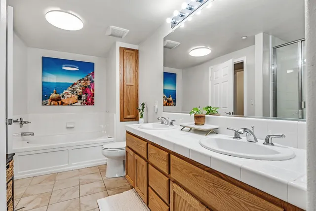a bathroom with a sink double vanity and toilet