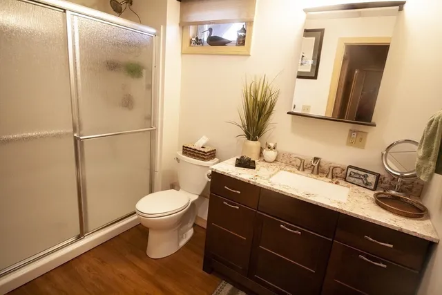 a bathroom with a granite countertop toilet sink and a mirror