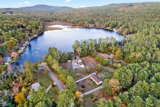 an aerial view of lake residential house with swimming pool and green space