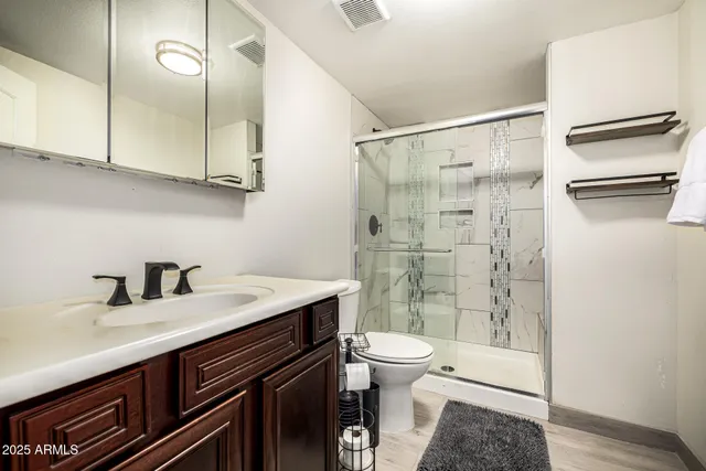 a bathroom with a sink a toilet and shower