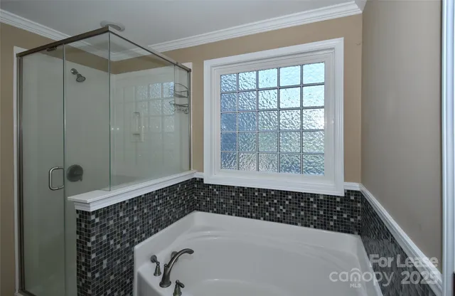 a bathroom with a bathtub and shower