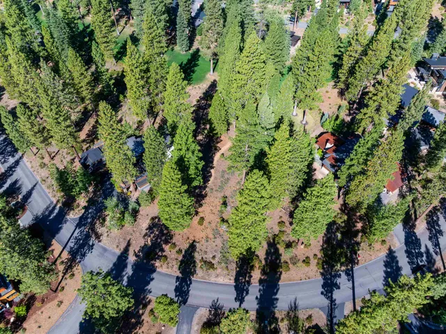 an aerial view of residential houses with outdoor space and trees