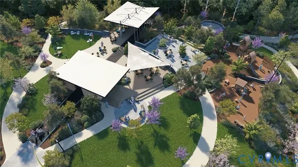 an aerial view of residential house with outdoor space and swimming pool