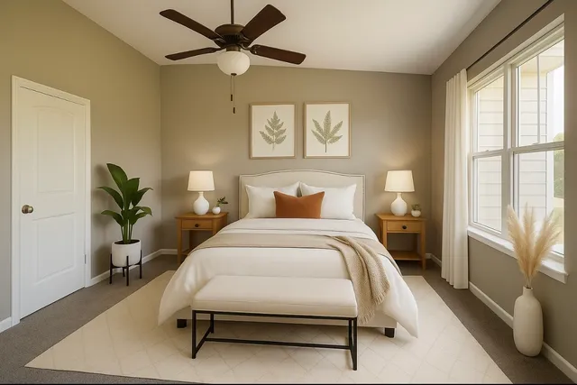 a bedroom with a bed and a potted plant