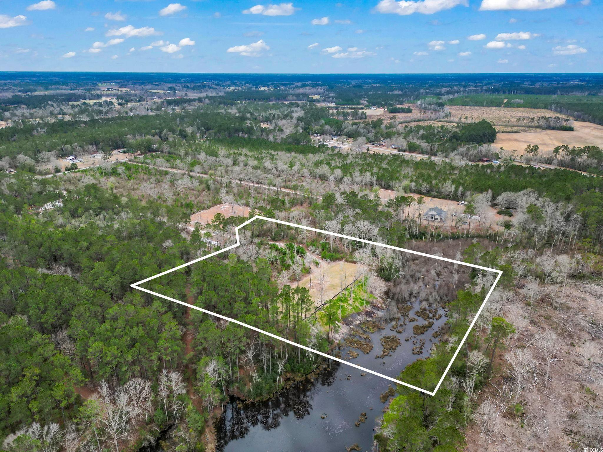641 Gene Drive Hemingway, SC 29554 - Photo 2 of 15 Aerial overview of property's location featuring property boundaries highlighted and a large body of water