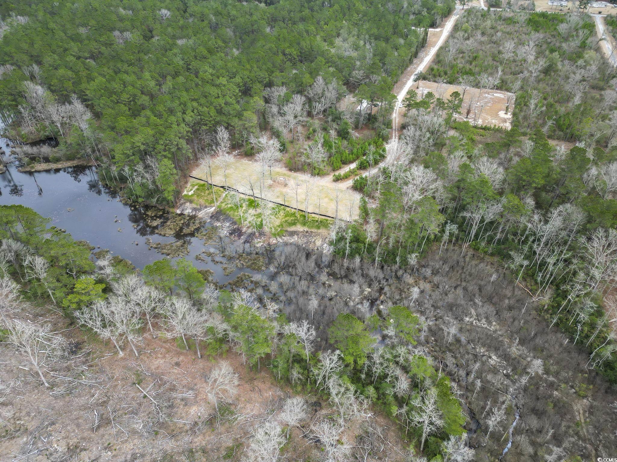 641 Gene Drive Hemingway, SC 29554 - Photo 6 of 15 Aerial view of property's location with a large body of water and a tree filled landscape