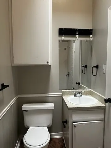 a bathroom with a sink a toilet and a mirror