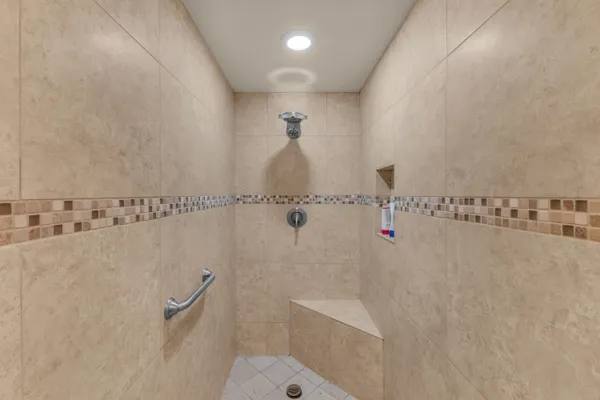 a close view of a bathroom shower