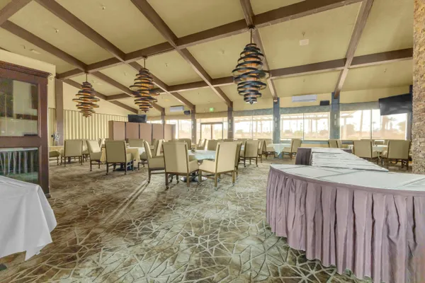 a room with lots of tables and chairs