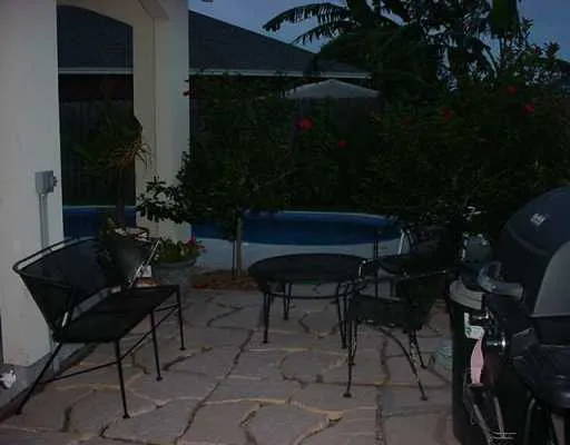 a couple of chairs sitting in patio with potted plants
