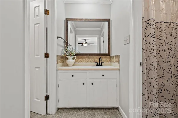 a bathroom with a sink a mirror and a shower
