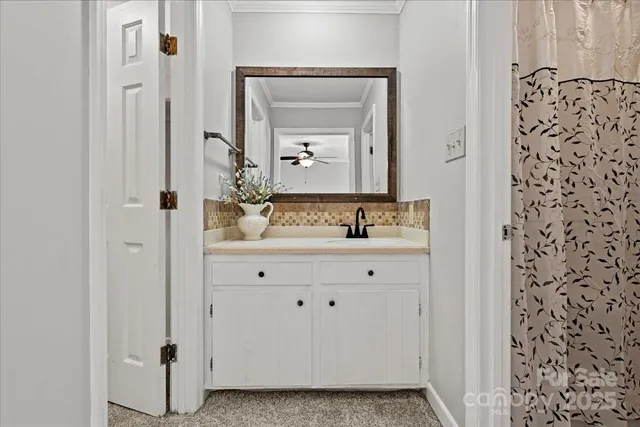 a bathroom with a sink a mirror and a shower