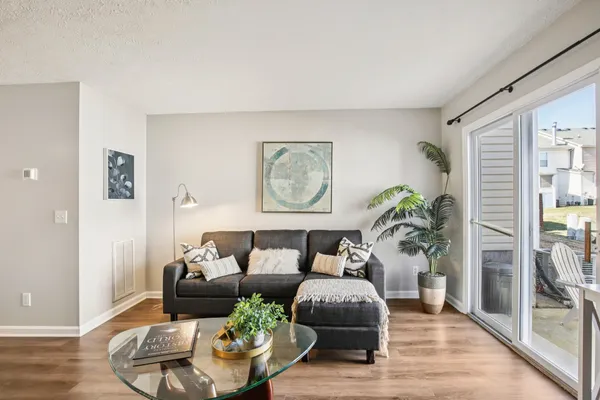 a living room with furniture and a potted plant