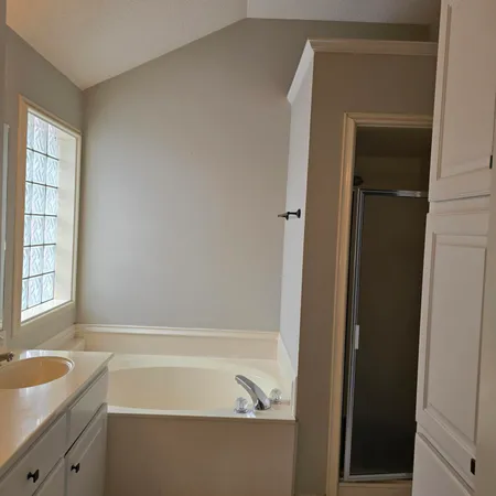 a bathroom with a tub sink and mirror