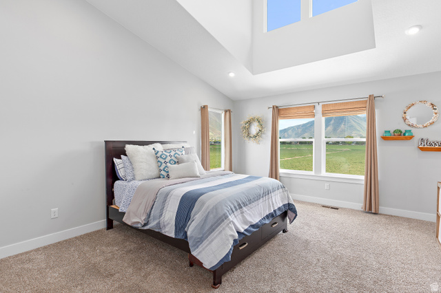 2343 Wysteria Drive Mapleton, UT 84664 - Photo 17 of 30 Bedroom with a high ceiling, a mountain view, light carpet, and recessed lighting