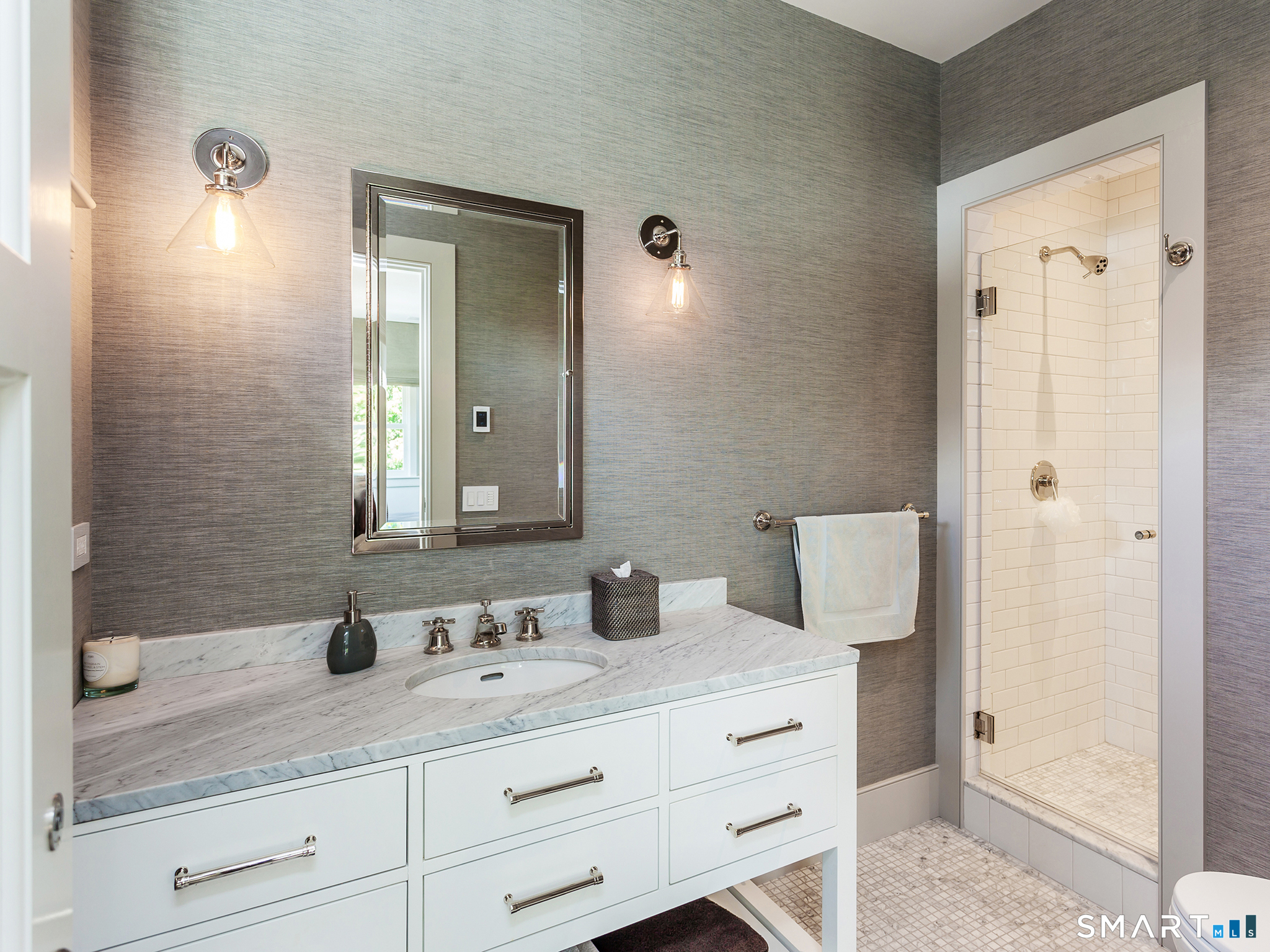 79 East Street Washington, CT 06793 - Photo 35 of 40 a bathroom with a granite countertop sink and a mirror