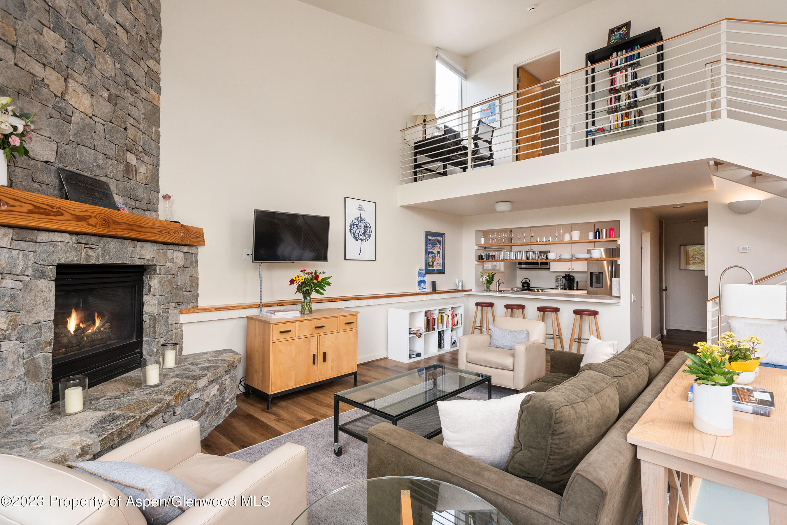 81 Meadows Trustee Road Aspen, CO 81611 - Photo 3 of 26 a living room with furniture a flat screen tv and a fireplace