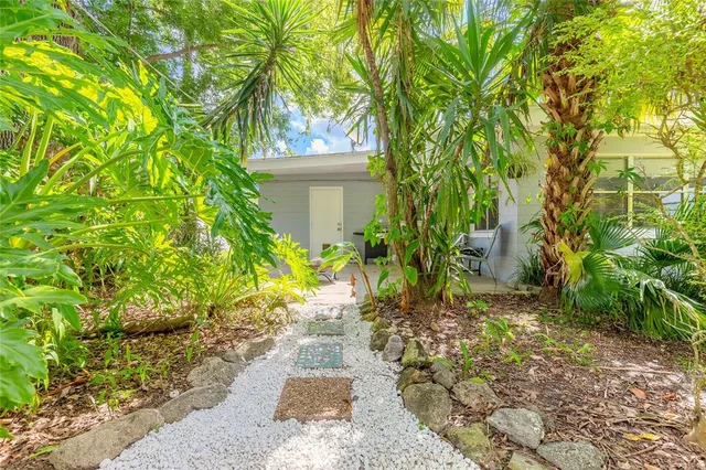 a view of a garden with large trees