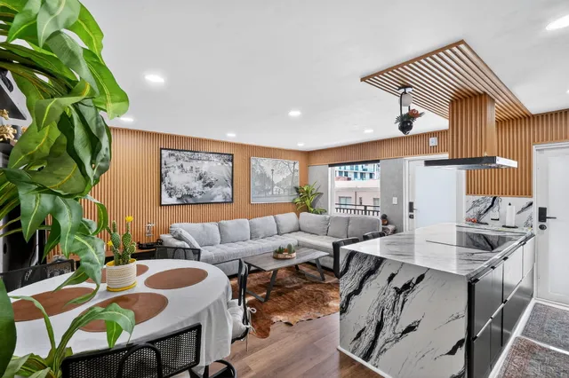 a living room with furniture and a potted plant