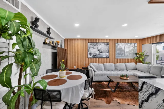 a living room with furniture and a potted plant